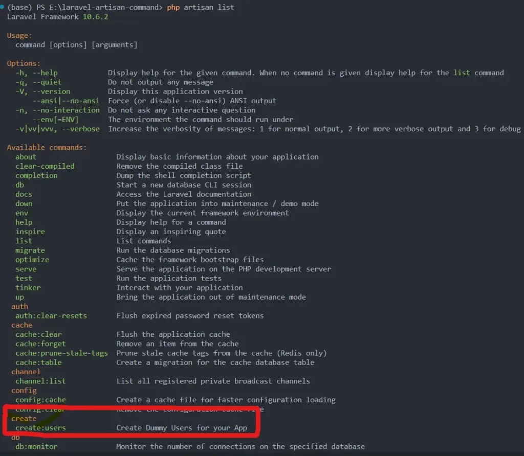 output custom artisan laravel